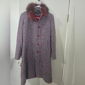 Size 4 Nicole Miller Collection Elegant Women's Tweed Coat with Faux Fur Collar